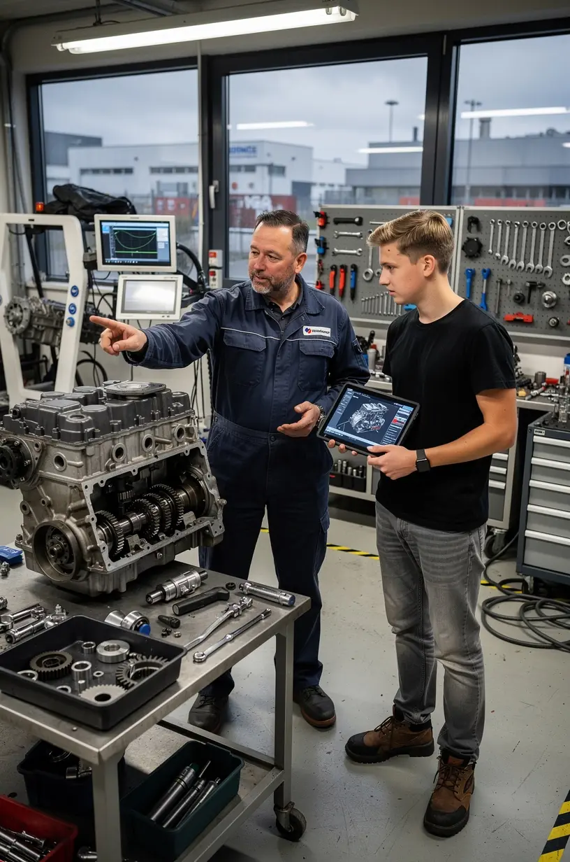 Ansicht von Motorbauteilen während der umfassenden Wartung in Reparaturzentrum